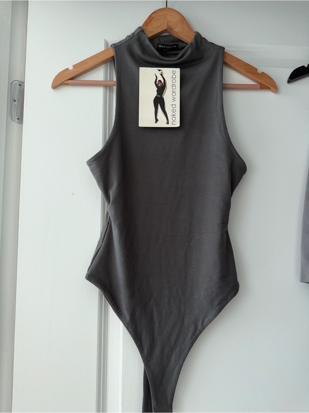 Naked wardrobe Sleeveless Mock Neck Bodysuit - Charcoal Gray small stretchy